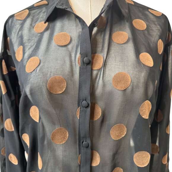 2/$30 Zara XS Basic Sheer Black & Brown Polka Dot Long Sleeve Button-Up Blouse - Picture 6 of 11